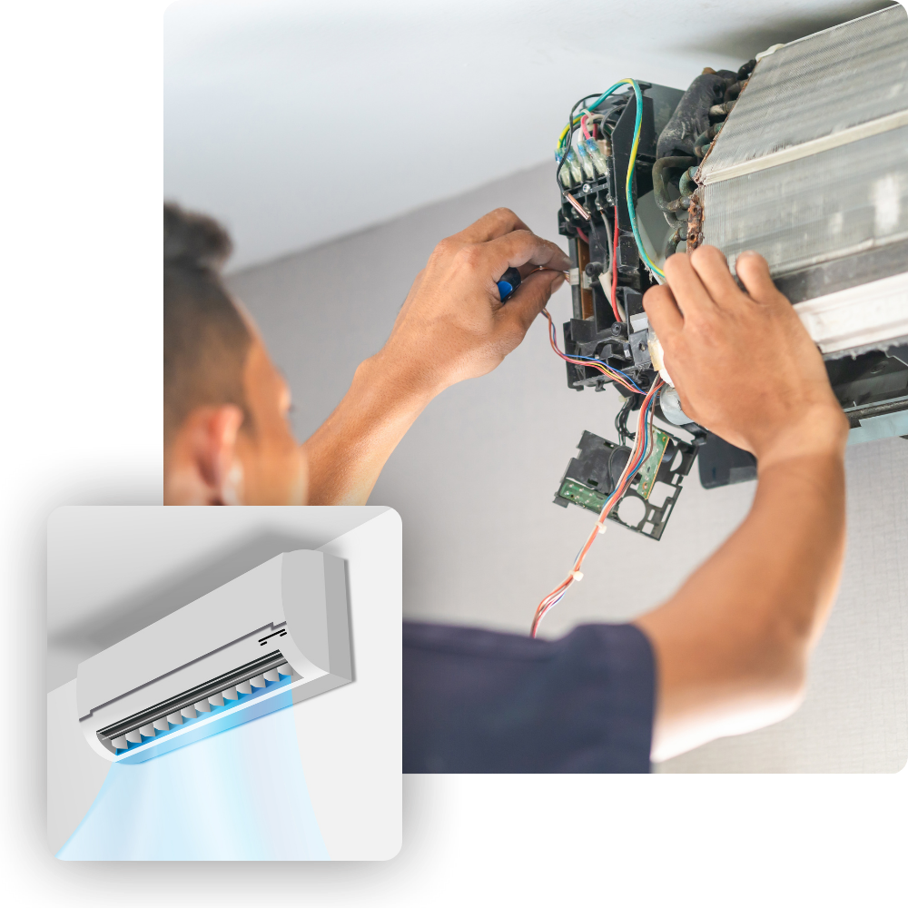 Technician repairing HVAC system, highlighting air conditioning unit and maintenance work, relevant to B Mays Heating & Air Conditioning services in Lawrenceville, GA.