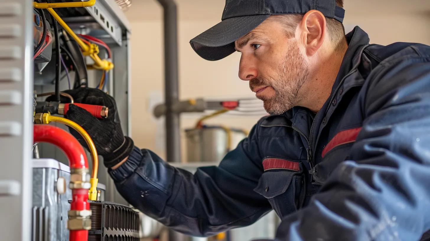 HVAC technician performing maintenance on a heat pump, inspecting wires and connections for optimal winter performance and indoor air quality.
