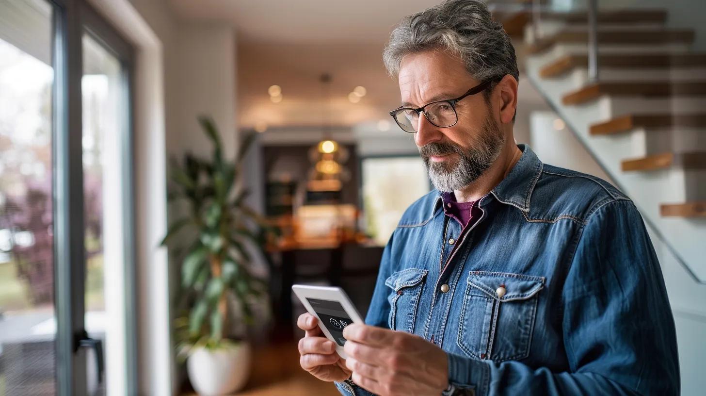Man using a smartphone in a modern home setting, focusing on HVAC system management for winter comfort and energy efficiency.