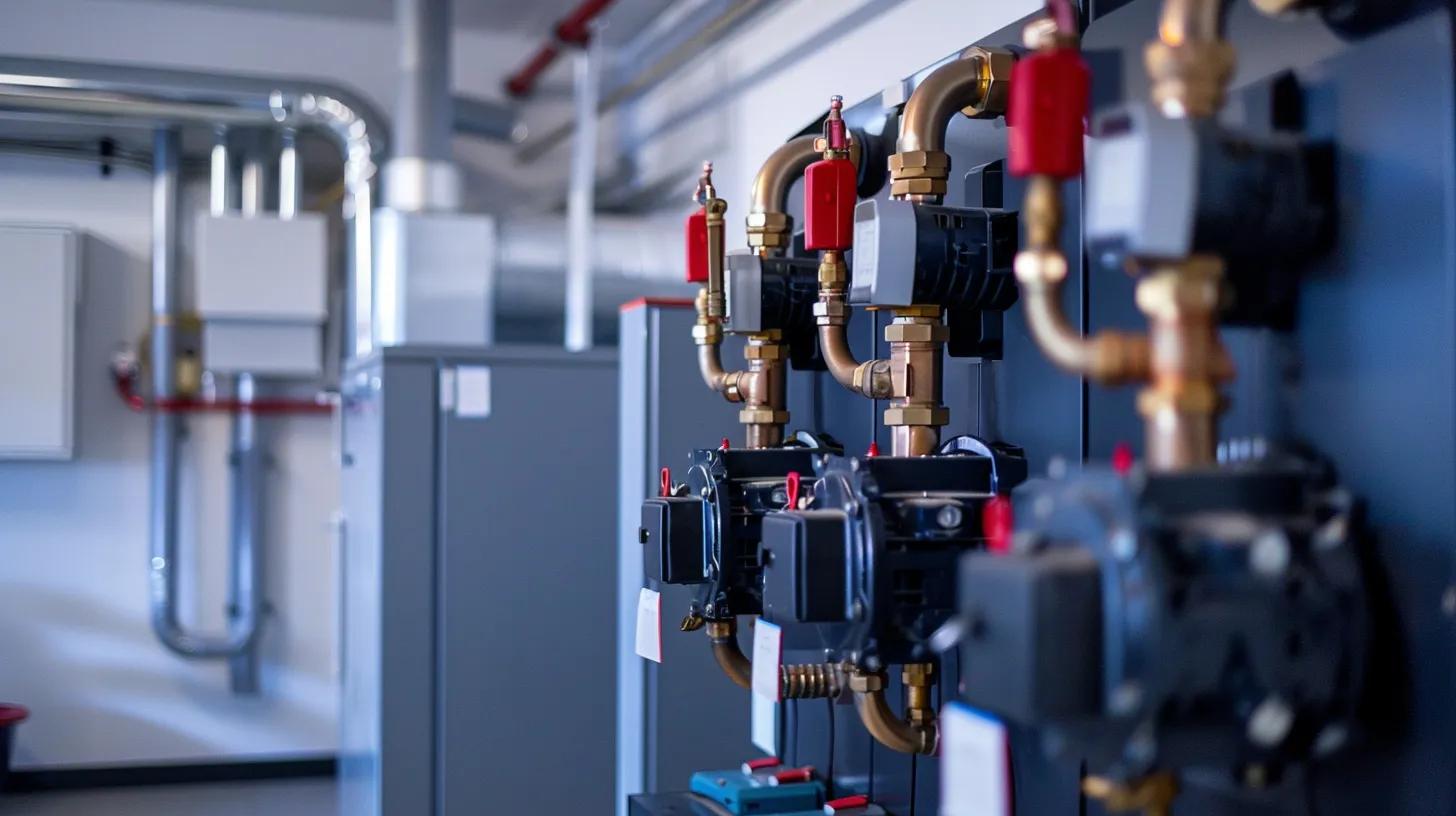 Heating system components with pipes and valves in a mechanical room, illustrating HVAC efficiency for winter heating in Lawrenceville.