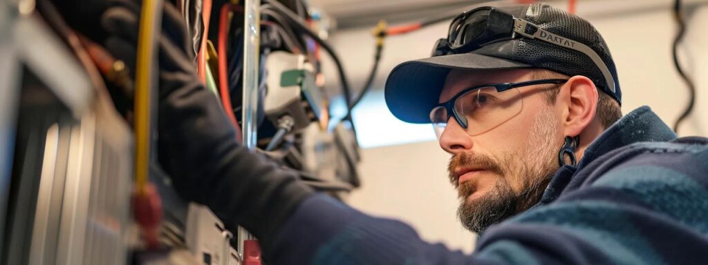 HVAC technician inspecting heating system components for winter maintenance in Lawrenceville.