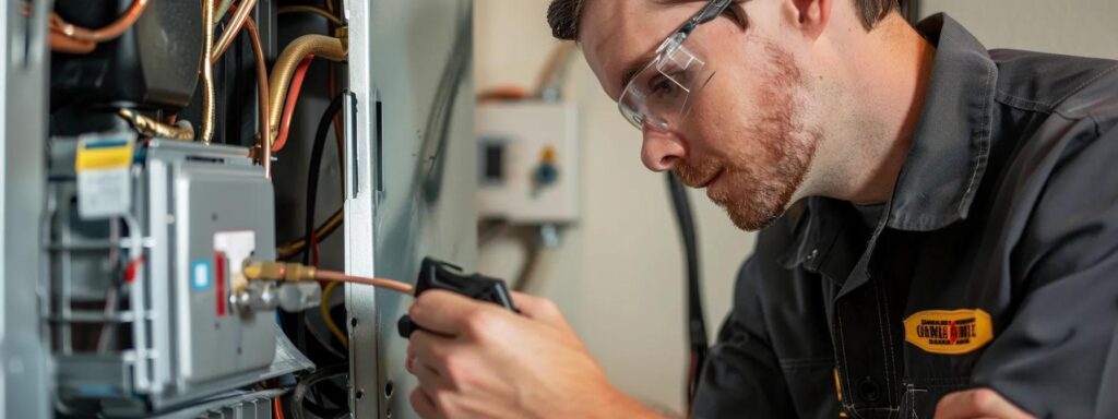 Technician performing furnace repair, inspecting components and using tools, emphasizing HVAC expertise for Lawrenceville homeowners.
