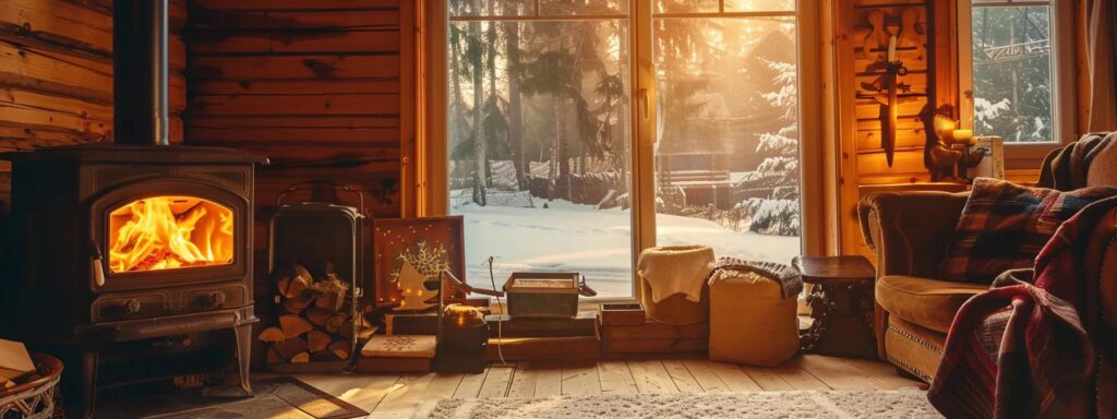 Cozy living room with a wood-burning stove, warm fire, and snowy landscape visible through large windows, emphasizing winter comfort and home heating.