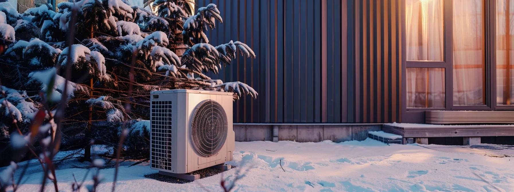 Heat pump in snowy outdoor setting, surrounded by snow-covered evergreens, highlighting winter maintenance for home comfort and efficiency in Lawrenceville.