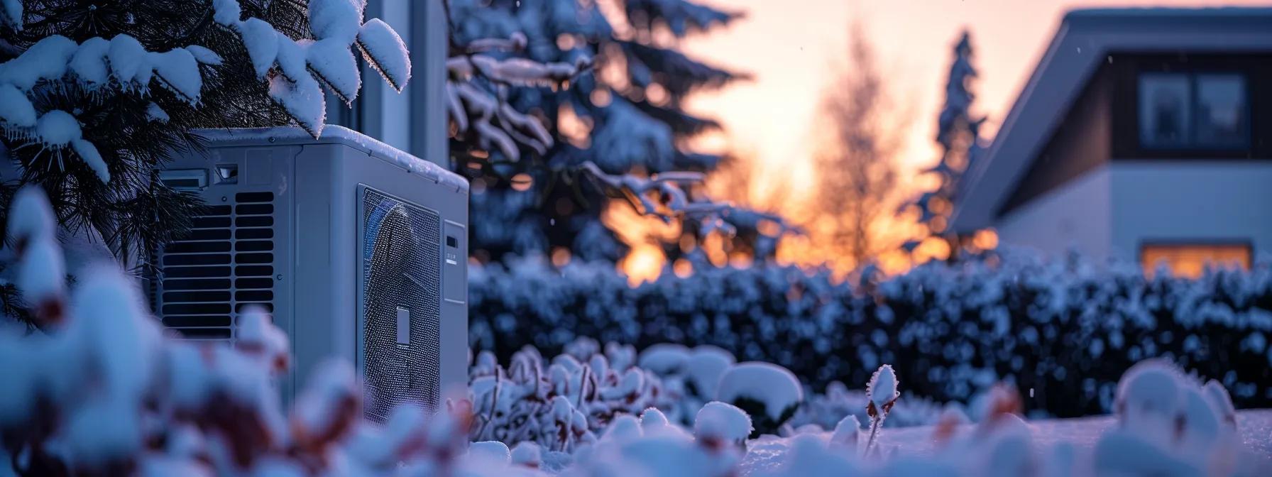 Heat pump covered in snow during winter sunset, surrounded by snow-covered bushes and trees, emphasizing the importance of winter maintenance for HVAC systems in Lawrenceville.