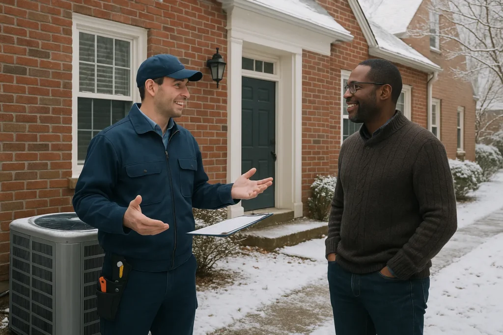 HVAC technician discussing winter heating tips with homeowner outside a brick house, snow on the ground, emphasizing winter preparation and maintenance for efficient heating.