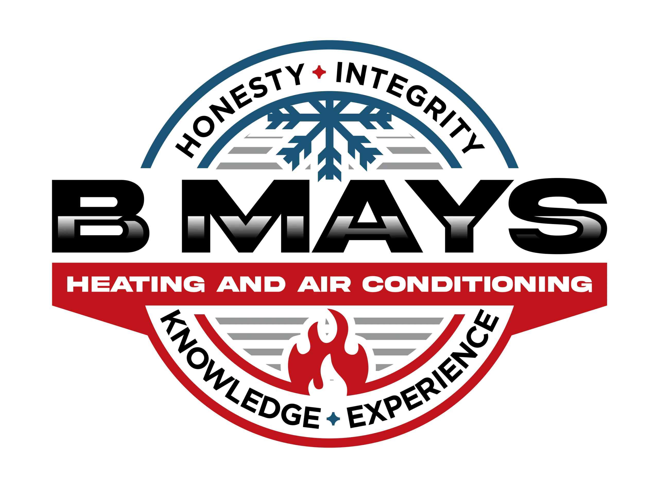 B Mays Heating and Air Conditioning logo featuring a snowflake and flame, representing HVAC services for heat pump maintenance in Lawrenceville, GA.