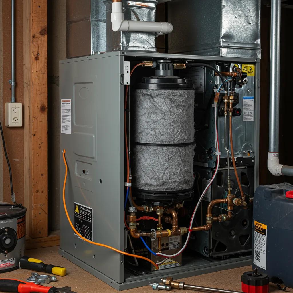 Close-up of a malfunctioning furnace with a clogged filter and loose components, highlighting common issues faced by homeowners in Lawrenceville.