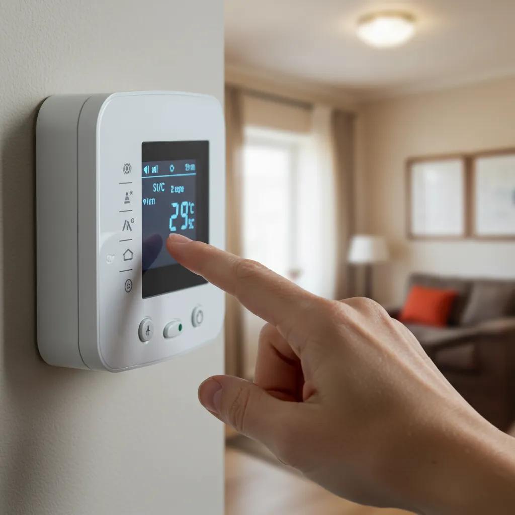 Close-up of a hand adjusting a smart thermostat displaying 29&deg;C, highlighting energy-saving technology for efficient home heating in a cozy living space.