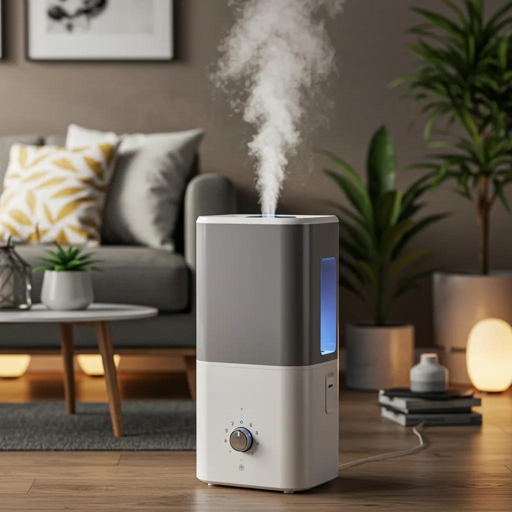 A sleek, modern humidifier operating in a well-decorated living room, enhancing winter indoor air quality