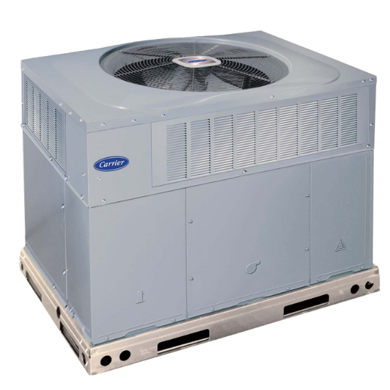 Packaged heat pump unit by Carrier, designed for outdoor installation, emphasizing energy efficiency and reliability for HVAC systems.
