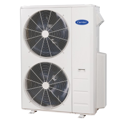 Air-source heat pump unit with dual fans, designed for energy-efficient heating and cooling, suitable for zoning systems and programmable thermostats.