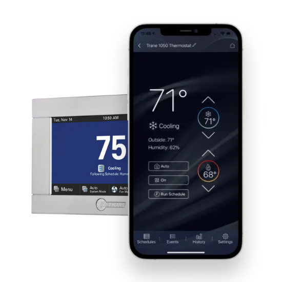 Trane 1050 thermostat display showing cooling settings, temperature controls, and humidity levels, alongside a smartphone app interface for remote temperature management.
