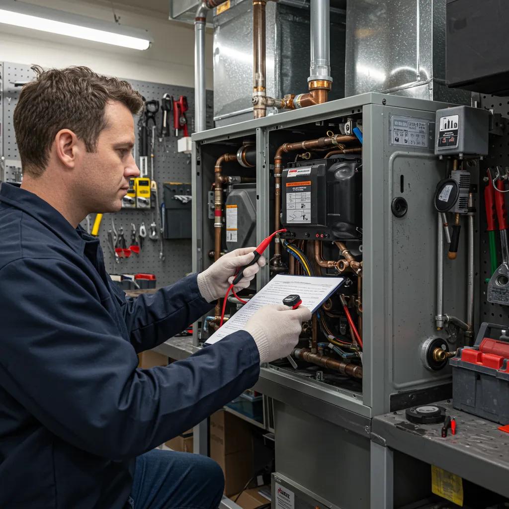 Technician conducting a systematic furnace inspection using diagnostic tools, with a focus on ensuring safety and efficiency in heating systems.