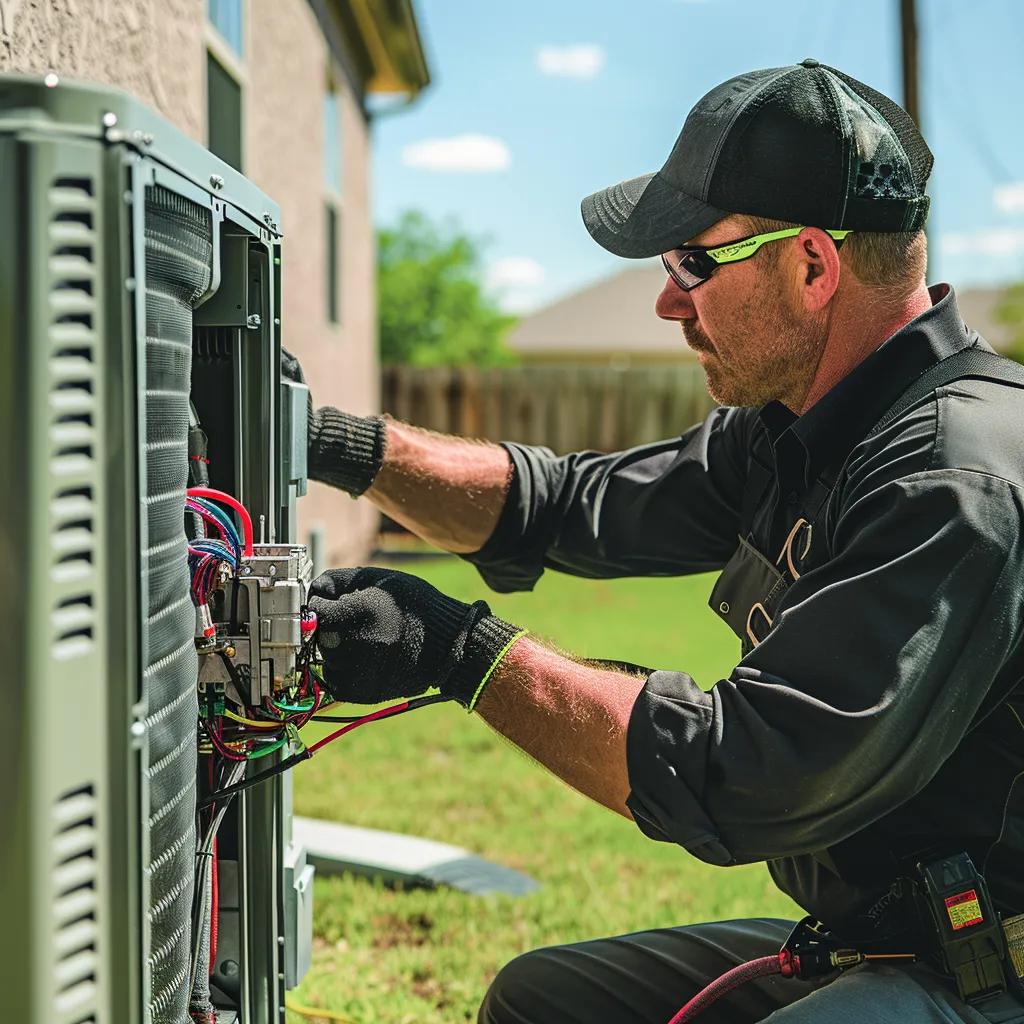 HVAC technician repairing heat pump unit outdoors, focusing on electrical connections, with tools and colorful wires visible, emphasizing professional heat pump repair services in Lawrenceville.