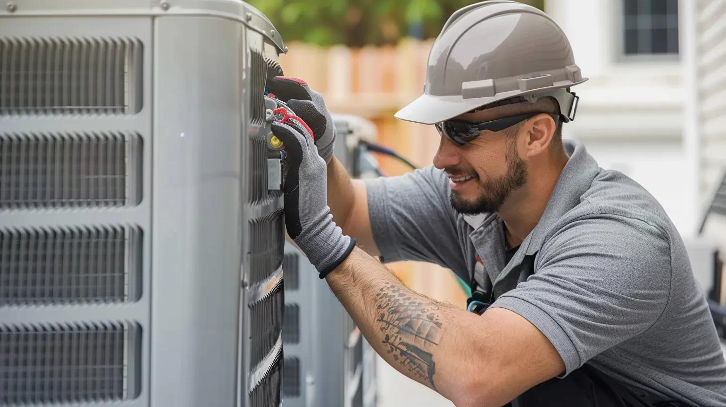 HVAC technician installing a heat pump unit, showcasing professional installation services for energy efficiency and comfort in homes.
