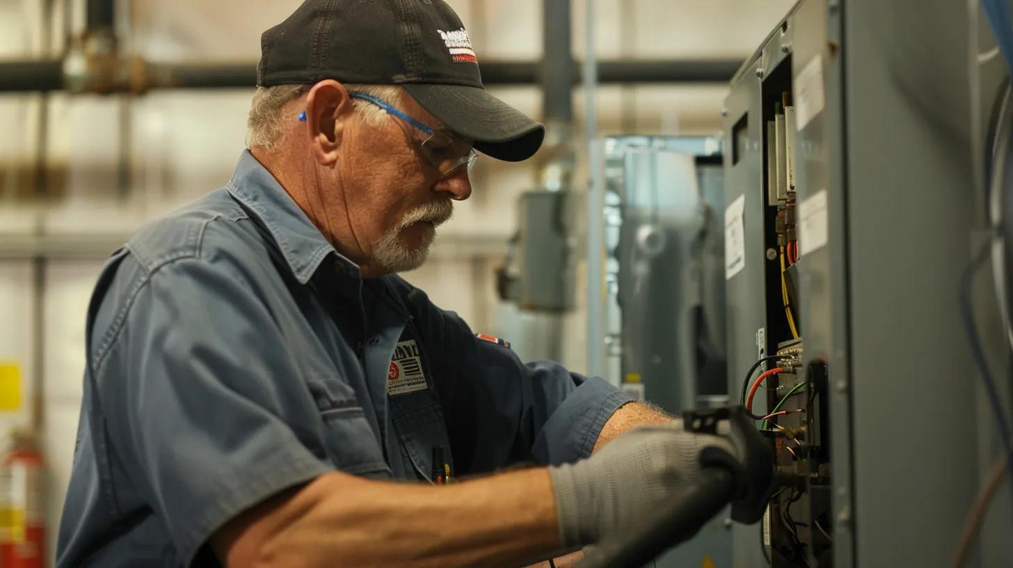 Technician inspecting and repairing a heat pump unit, emphasizing HVAC service and maintenance expertise.