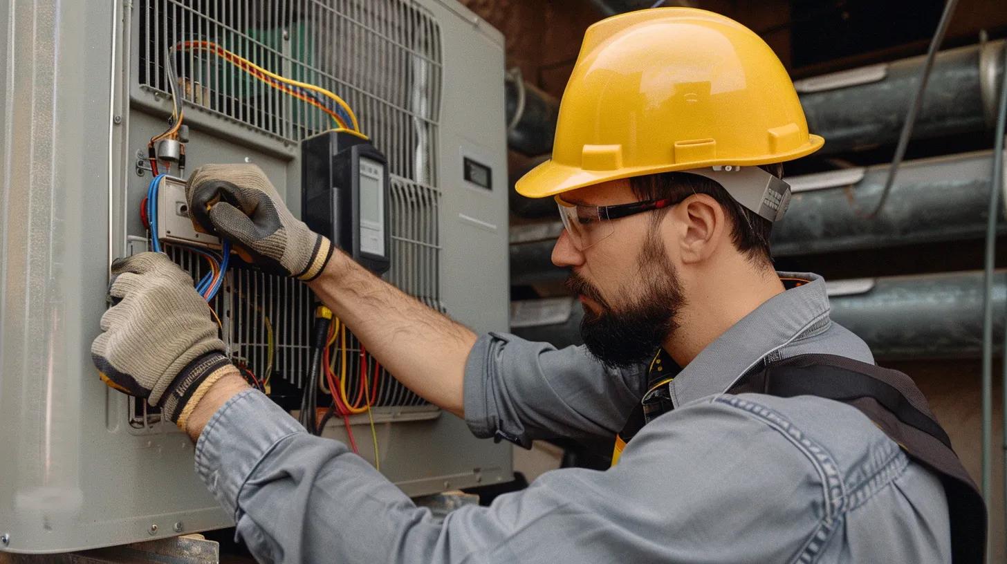 HVAC technician in yellow hard hat and gloves performing heat pump repair, inspecting wiring and connections for efficient system performance.