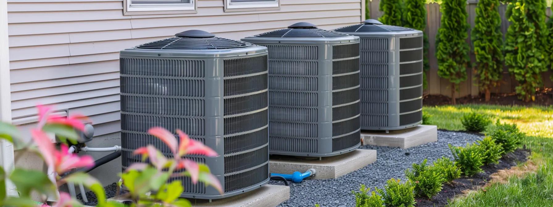High-efficiency heat pumps installed outside a home, showcasing energy-efficient HVAC solutions for year-round comfort in Lawrenceville, GA.