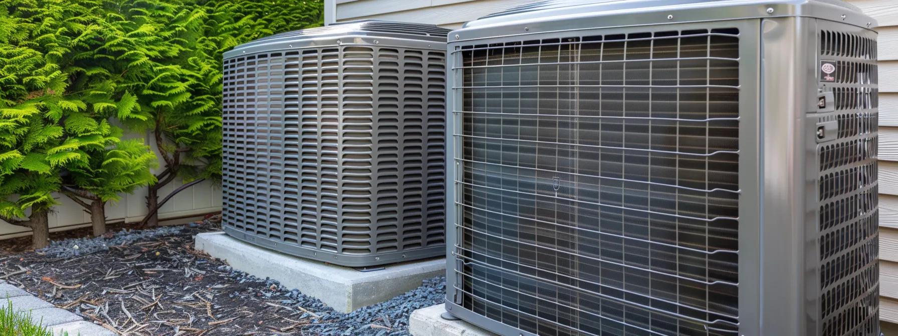 Heat pump units beside greenery, emphasizing HVAC repair services for home comfort and energy efficiency in Lawrenceville, GA.