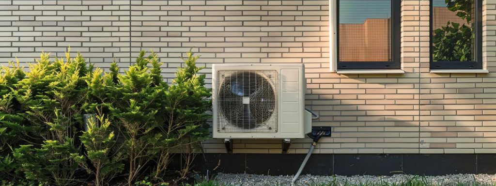 Heat pump unit installed outside a home, surrounded by greenery, against a brick wall, illustrating HVAC solutions for energy efficiency and comfort in Lawrenceville.