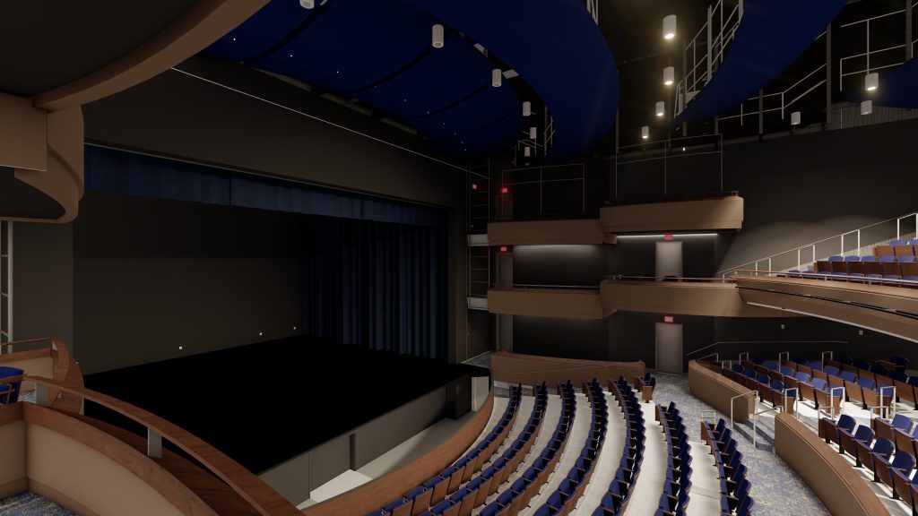 Theater interior featuring a dark stage with blue curtains, surrounded by tiered seating and modern architectural design elements.