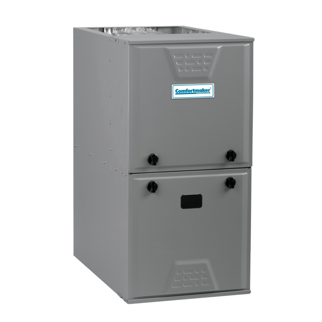 Comfortmaker single-stage furnace, gray metal exterior, designed for reliable heating, showcasing maintenance-friendly features relevant to HVAC services.