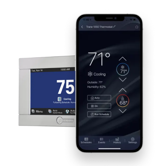 Smart thermostat display and mobile app interface showing temperature settings and humidity levels for efficient home climate control.