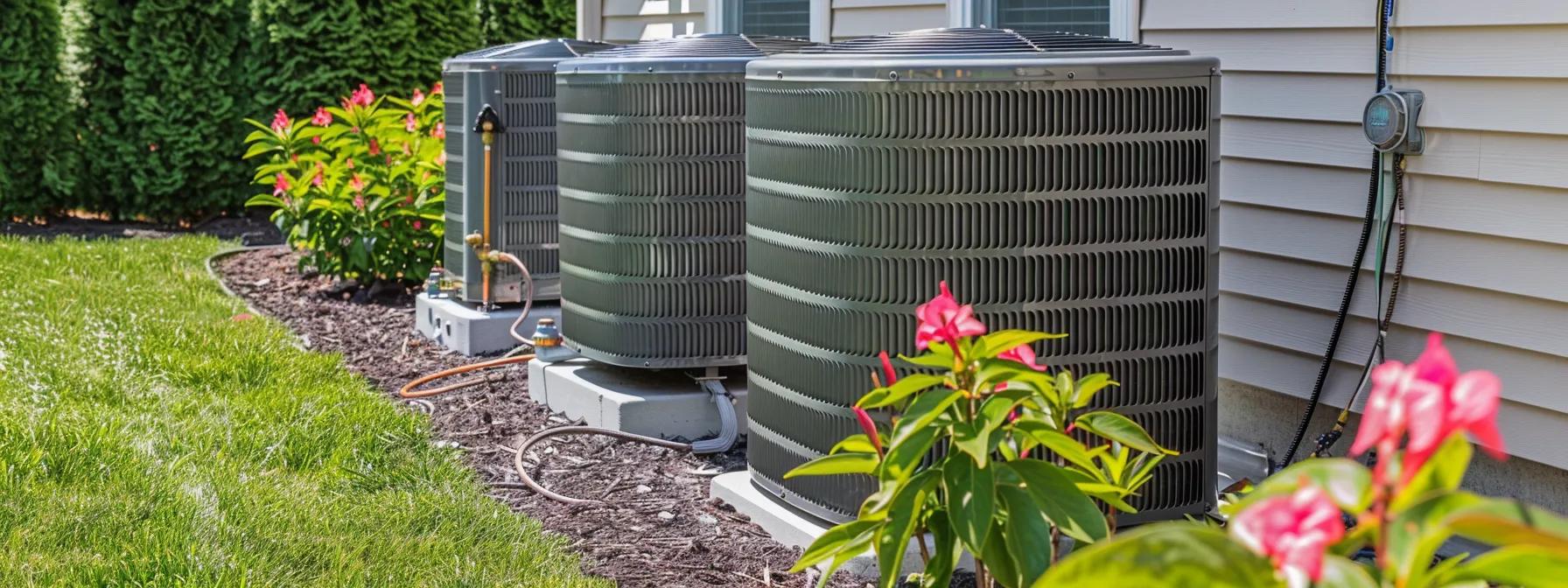 Heat pump units in a landscaped yard with flowers, showcasing outdoor HVAC system maintenance for Lawrenceville homeowners.