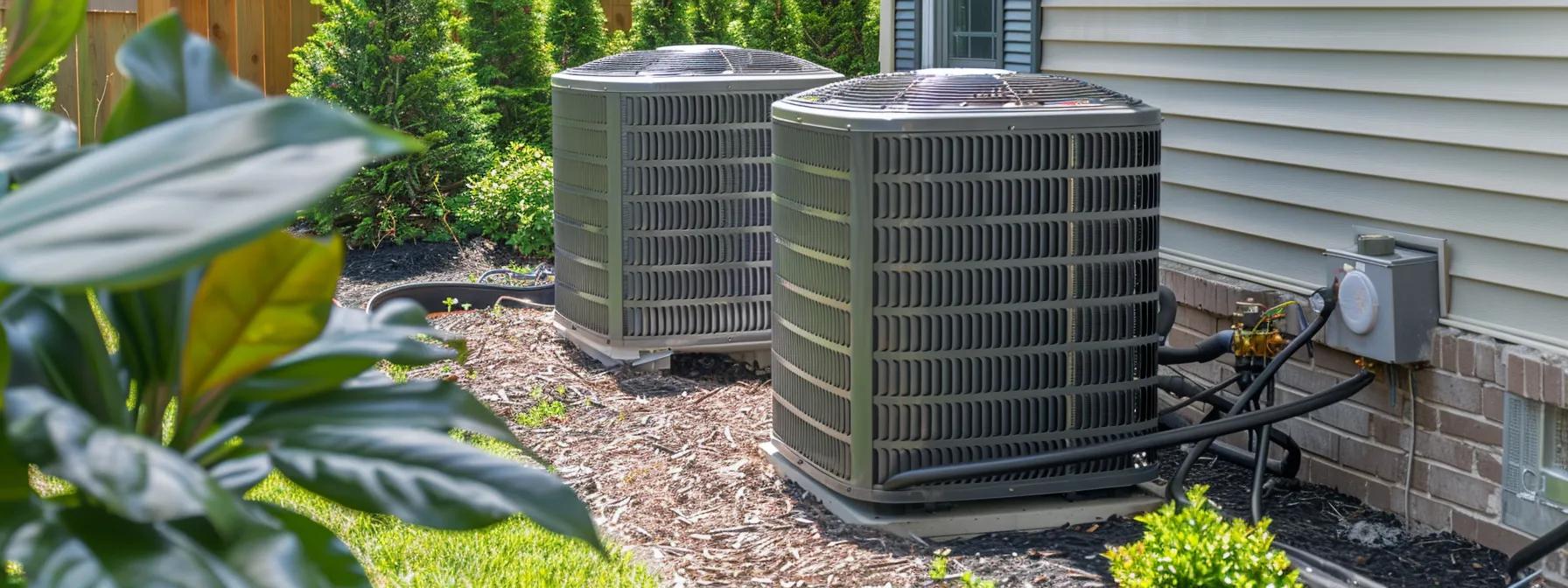 Heat pump installation in residential setting with two outdoor units, surrounded by greenery and mulch, illustrating HVAC efficiency and winter readiness.