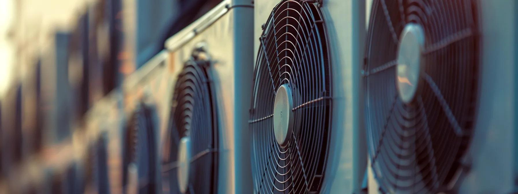 Heat pump outdoor units with visible fan grills, emphasizing HVAC systems relevant to winter heating concerns in Lawrenceville.