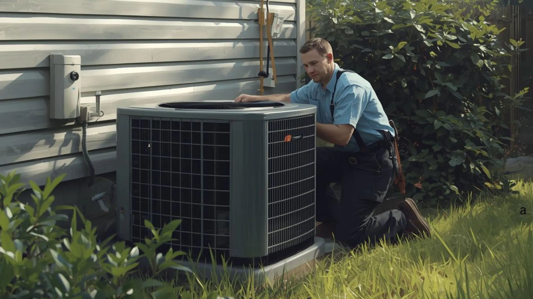 HVAC technician inspecting a heat pump outdoors, surrounded by greenery, emphasizing maintenance and efficiency for Lawrenceville homes.