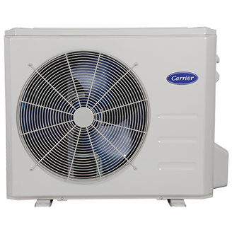 Carrier single-zone ductless heating system outdoor unit with a prominent fan, designed for commercial HVAC applications.